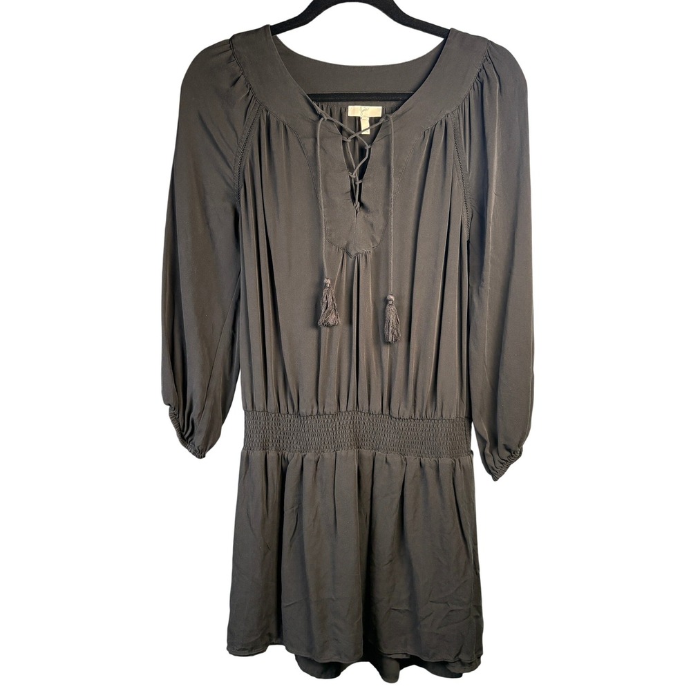 Joie Black Silk Lace Up Tassel Smocked Waist Mini Dress 2088H-D2861B Size S